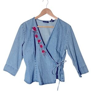 EUC: New York & Company Light Blue Denim Wrap Blouse with Red Floral Embroidery